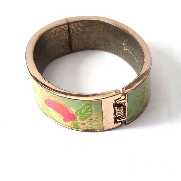 Lilly Pulitzer Pink Lemonade Boca Bangle Bracelet Goldtone Hinged Pink Green - Picture 4 of 6